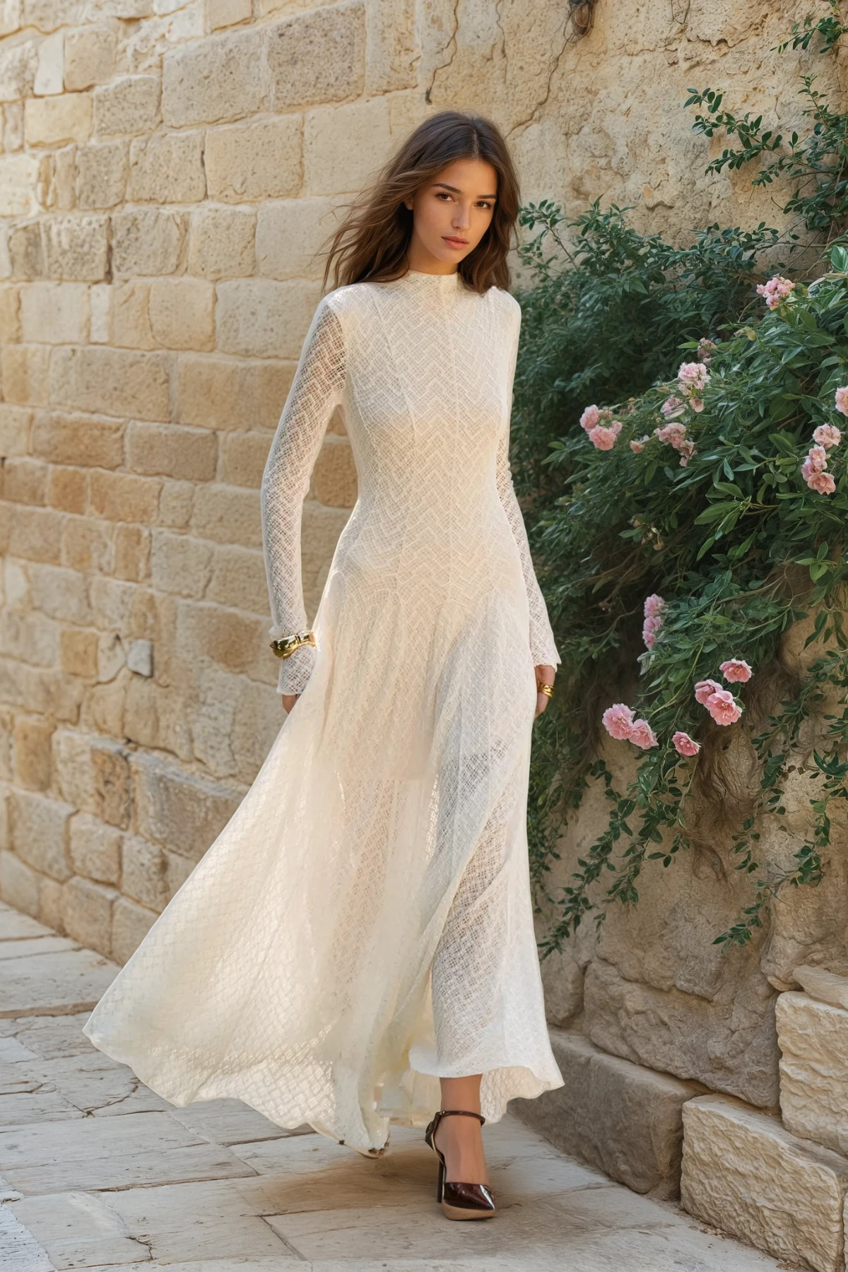 Semi-Sheer Mock Neck Lace Flowy Dress