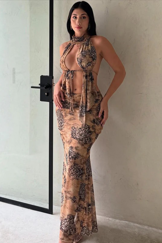Print Ruched Halter Two-Piece Set