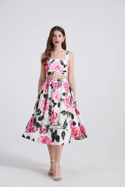 Floral Ruched Spaghetti Strap Crop Top & Midi Skirt Set
