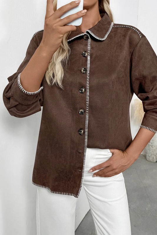 Brown Contrast Trim Suede Shacket