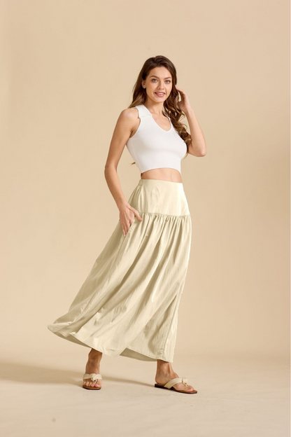 Ruched Pocketed Cotton A-Line Maxi Skirt