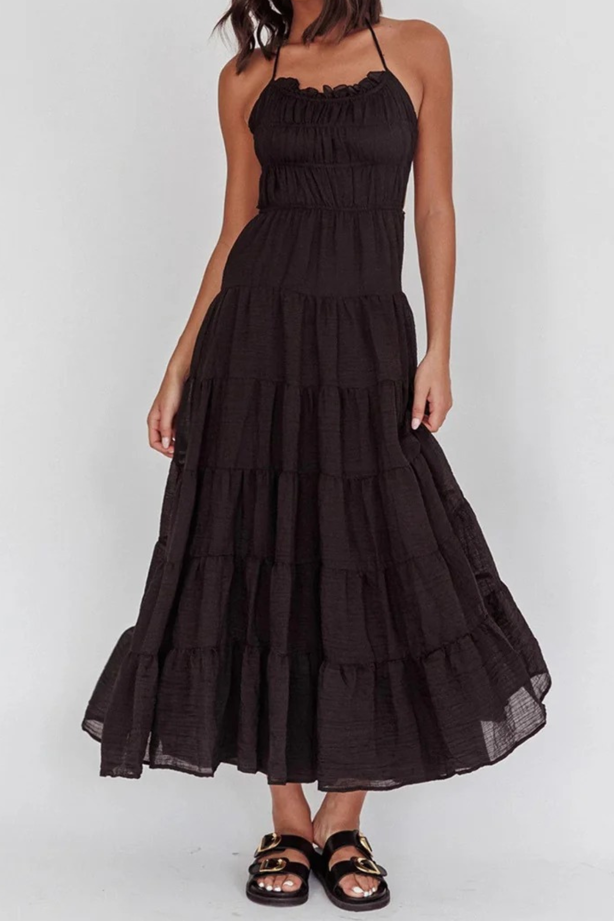 Ruffled Backless Ruched Tie Halter Midi Dress