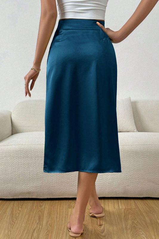 Asymmetric Ruched Satin Midi Skirt