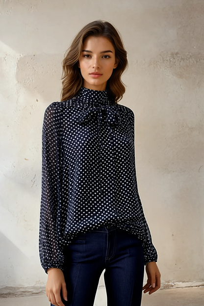 Polka Dot Tie-Neck Cape Blouse