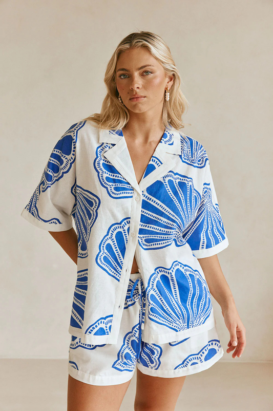 Printed Pocket Button Down Shorts Set