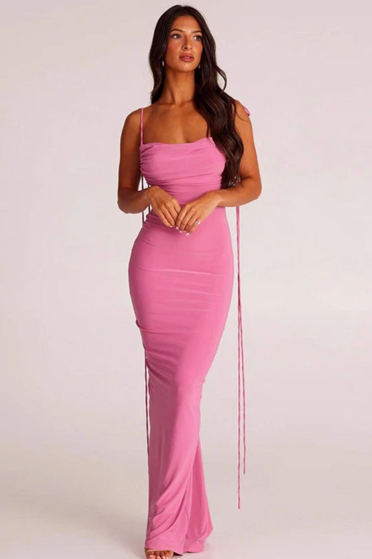Backless Ruched Tie Spaghetti Strap Maxi Bodycon Dress