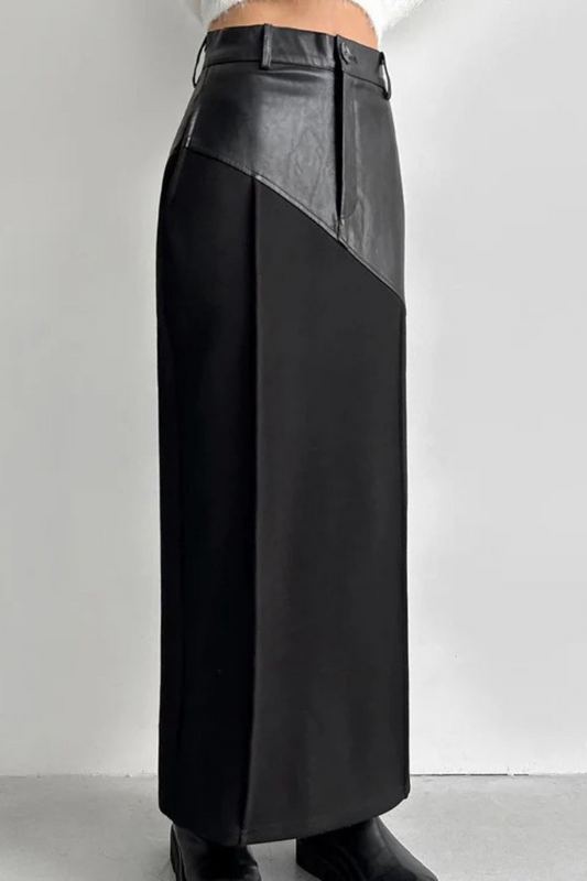 Retro Faux Leather High-Waist Slit Skirt