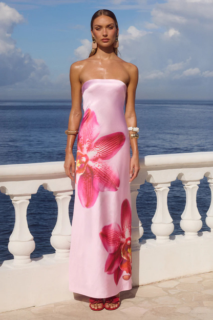 Elegant Floral Strapless Cutout Maxi Dress