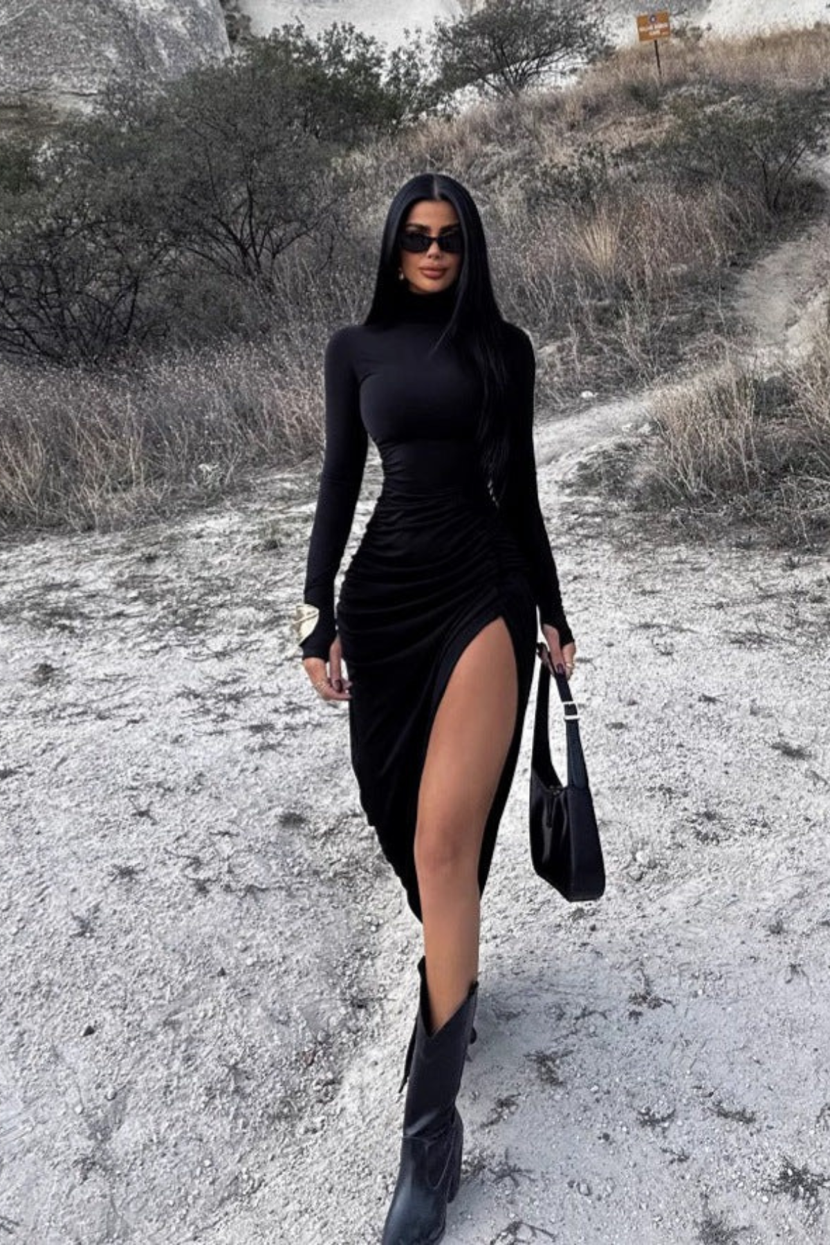 Ruched Slit Mock Neck Dress