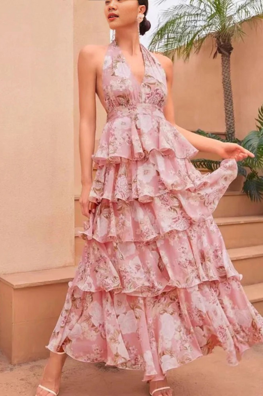 Floral Print V-Neck Layered Dress