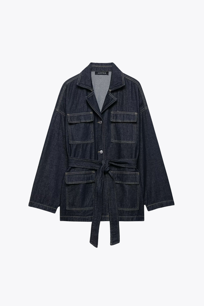 Belted Long Denim Jacket