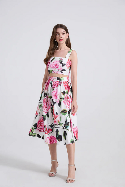 Floral Ruched Spaghetti Strap Crop Top & Midi Skirt Set