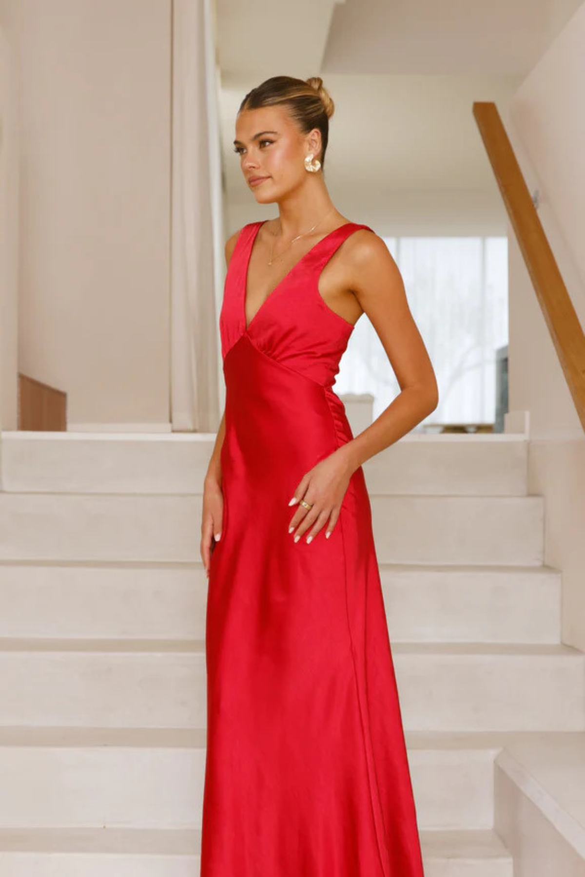 Satin Ruched V-Neck Maxi Dress