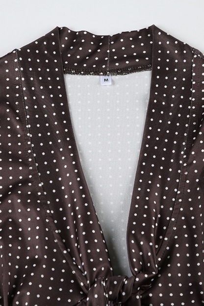 Polka Dot Ruched Tie Neck Blouse