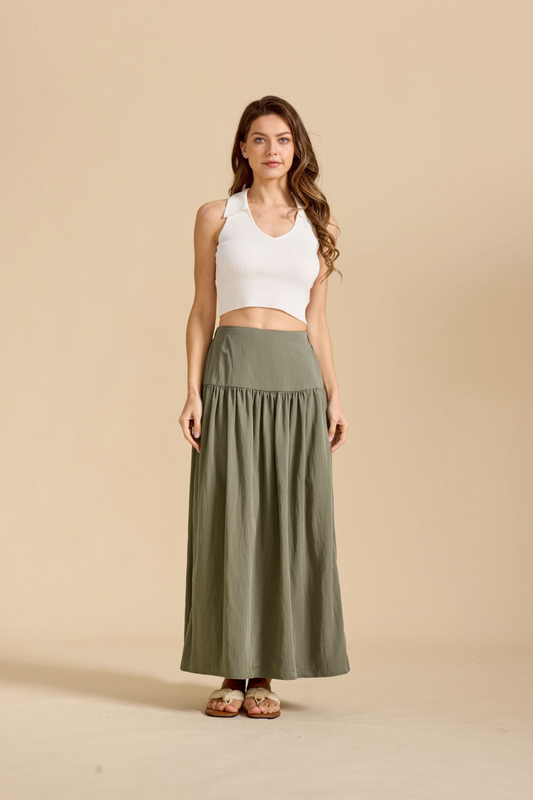 Ruched Pocketed Cotton A-Line Maxi Skirt