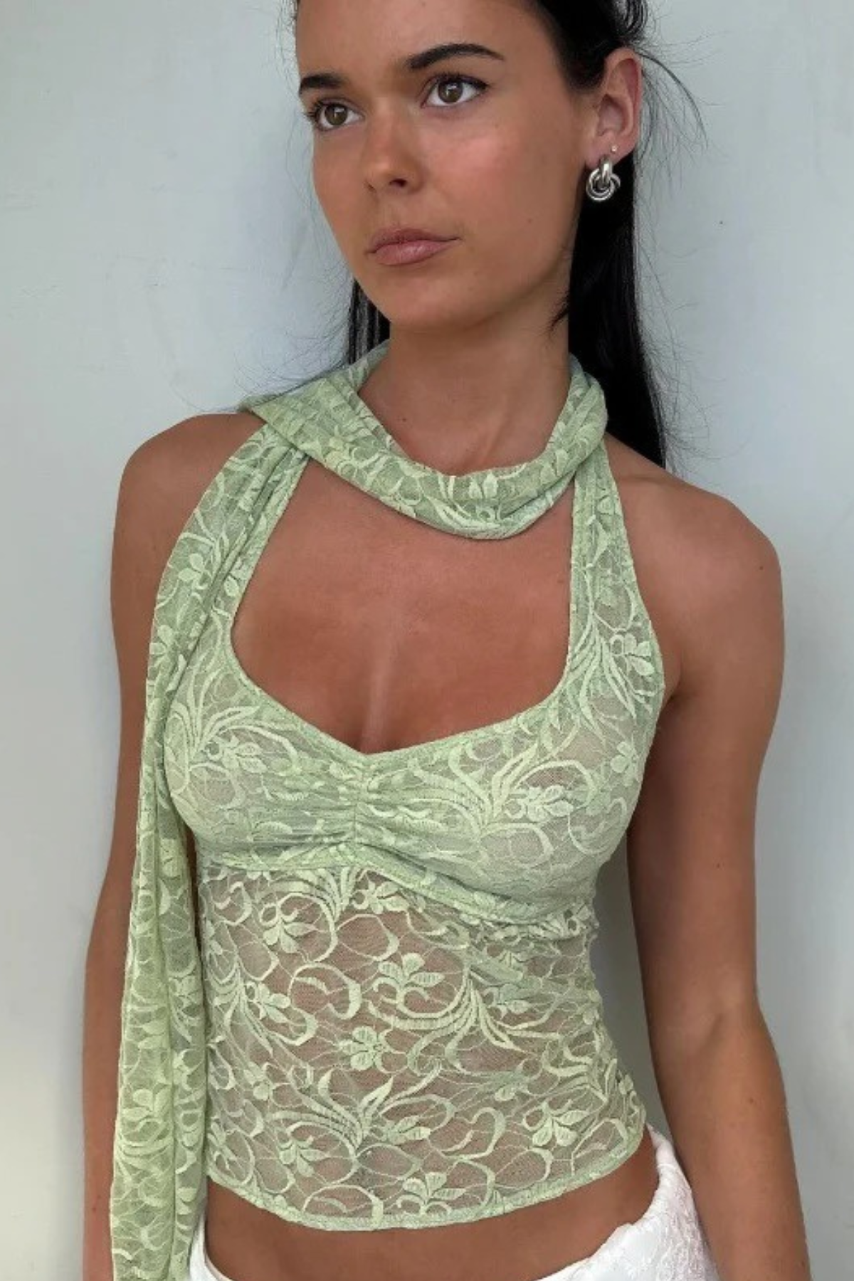 Sheer Charm Ruched Halter Crop Top