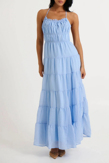 Ruffled Backless Ruched Tie Halter Midi Dress