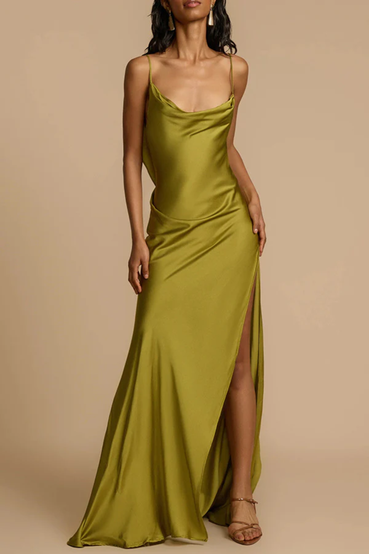Cowl Neck Ruffle Split Maxi Dress