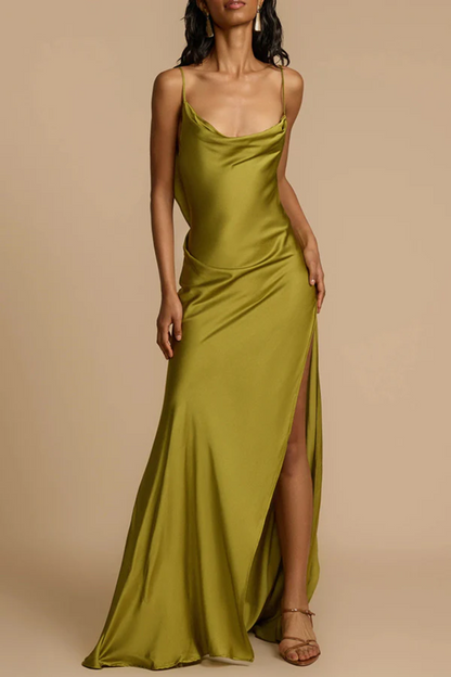 Cowl Neck Ruffle Split Maxi Dress