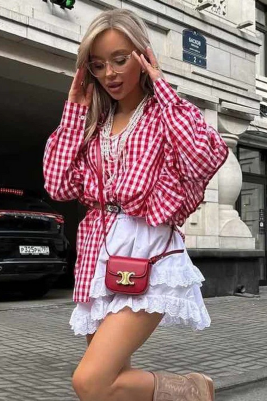 Cotton Plaid Ruffled Collared Shirt