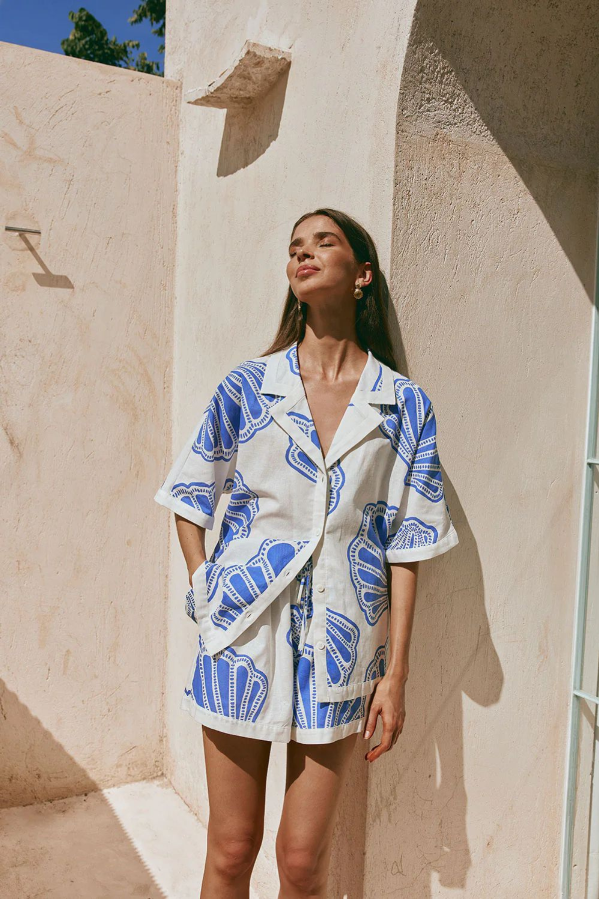 Printed Pocket Button Down Shorts Set