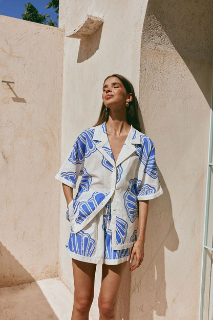 Printed Pocket Button Down Shorts Set