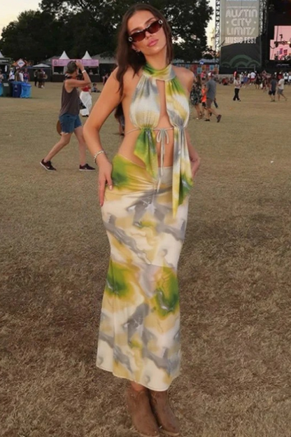 Print Ruched Halter Two-Piece Set
