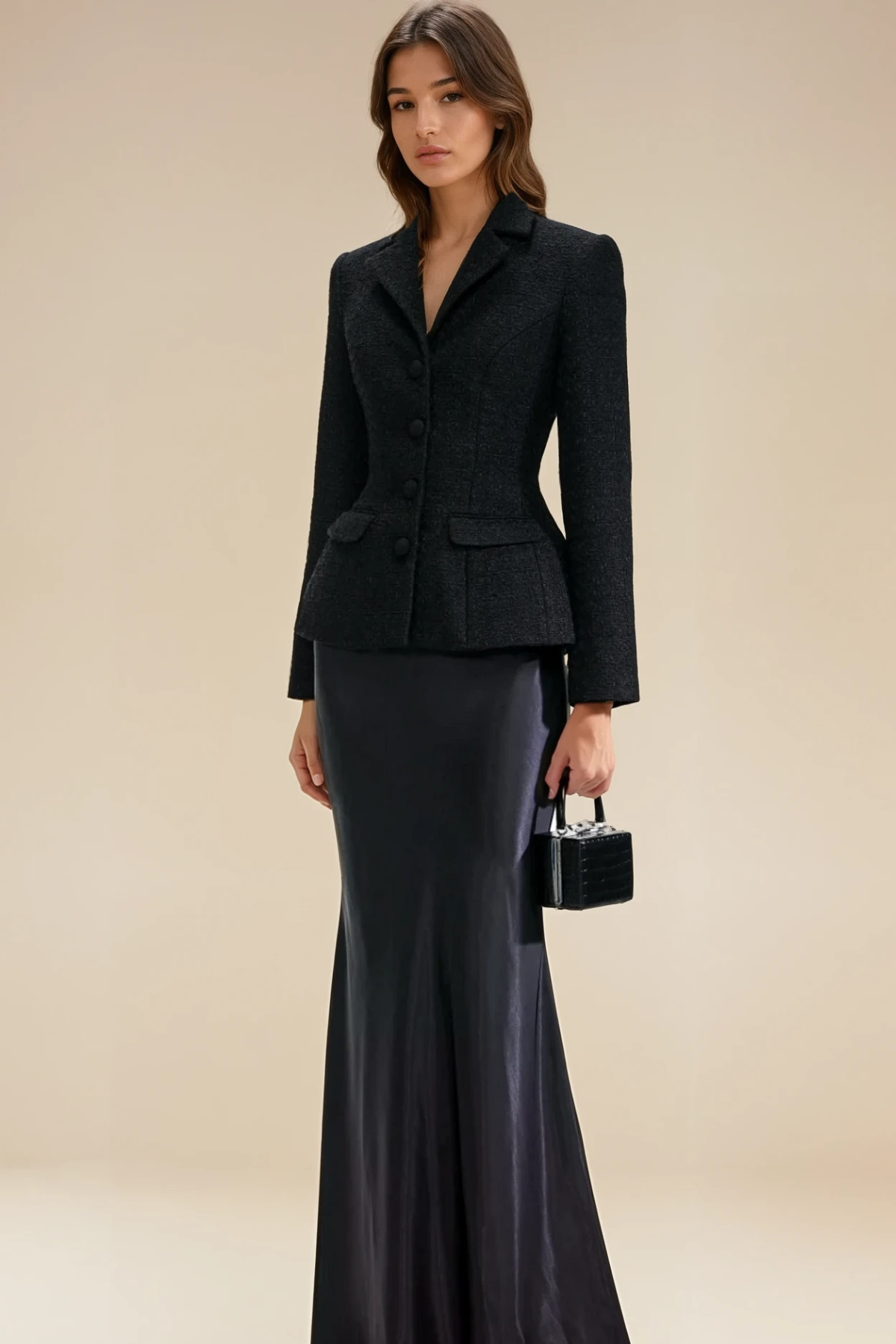 Tweed Blazer and Satin Maxi Skirt Set