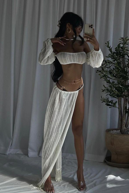 Mesh Tassel Skirt Cover Up Set