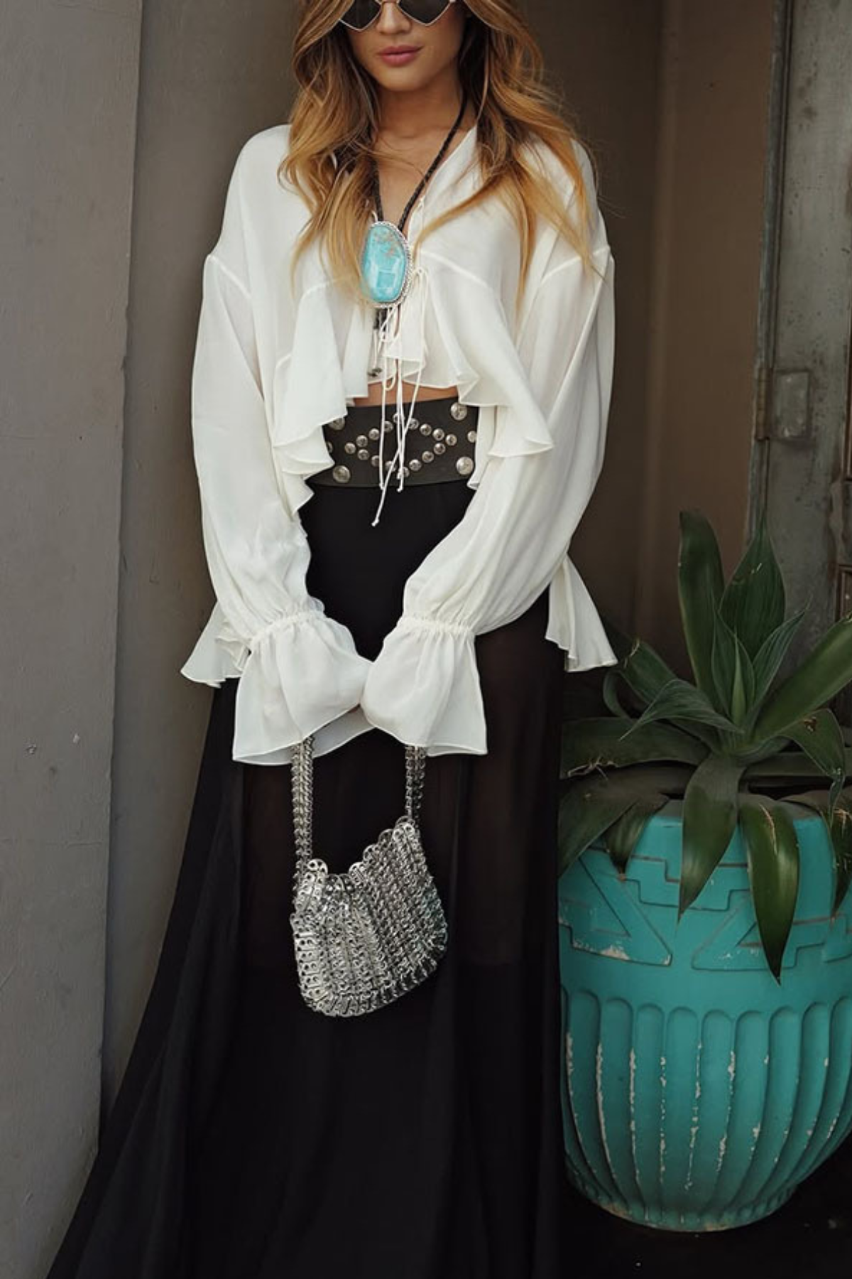 Sheer Lace Ruffle Tie Blouse