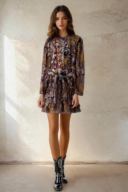 Paisley Belted Ruffle Tiered Mini Dress