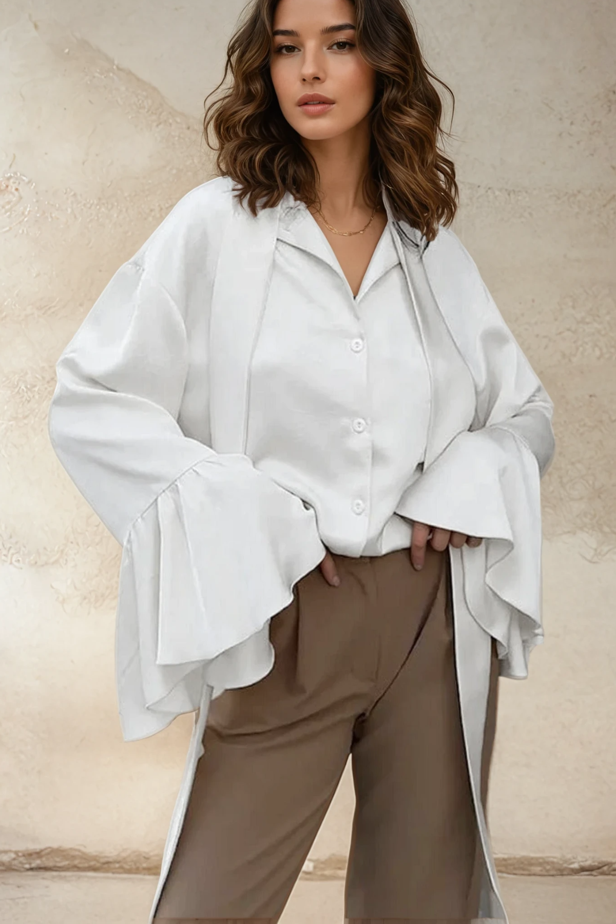 Satin Tie-Neck Blouse with Ruched Panel Sleeves