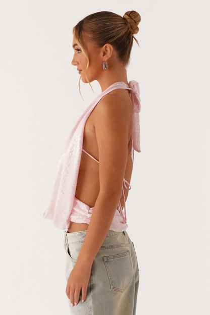 Sequin Tie Backless Cowl Neck Halter Tank