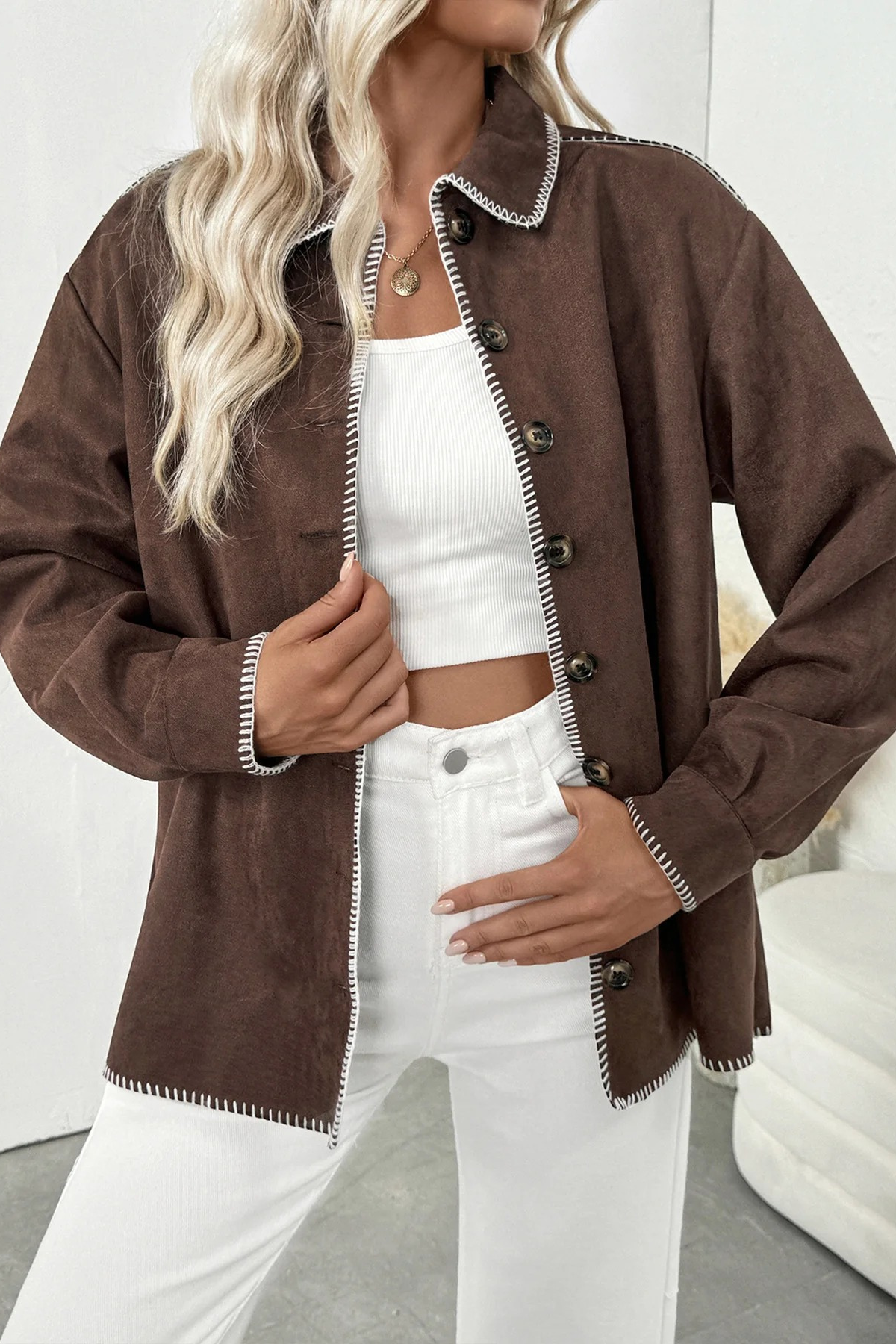 Brown Contrast Trim Suede Shacket