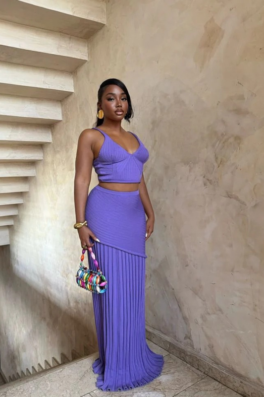 V-Neck Top & Pleated Long Skirt Set