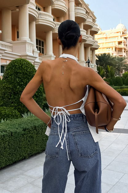 Asymmetric Tie Backless Halter Tank