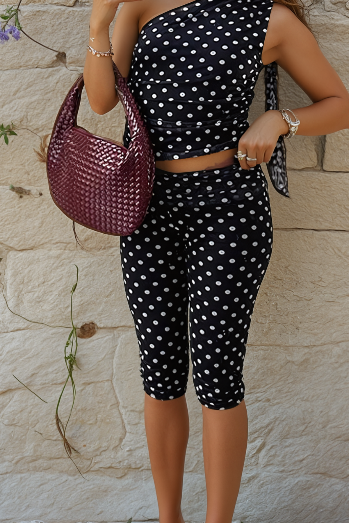 Mesh Polka Dot Capri Pants Set