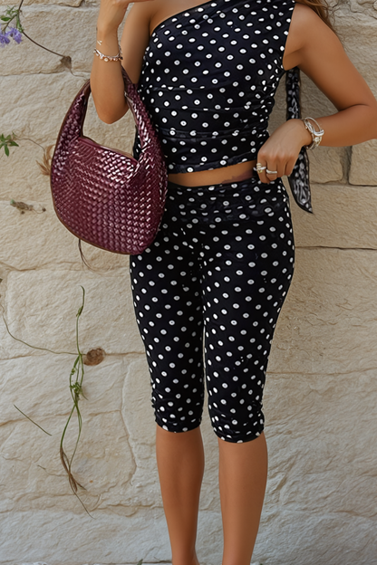 Mesh Polka Dot Capri Pants Set