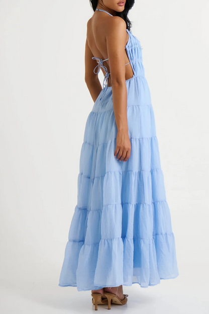 Ruffled Backless Ruched Tie Halter Midi Dress