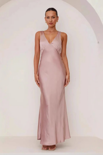 Satin Ruched V-Neck Maxi Dress