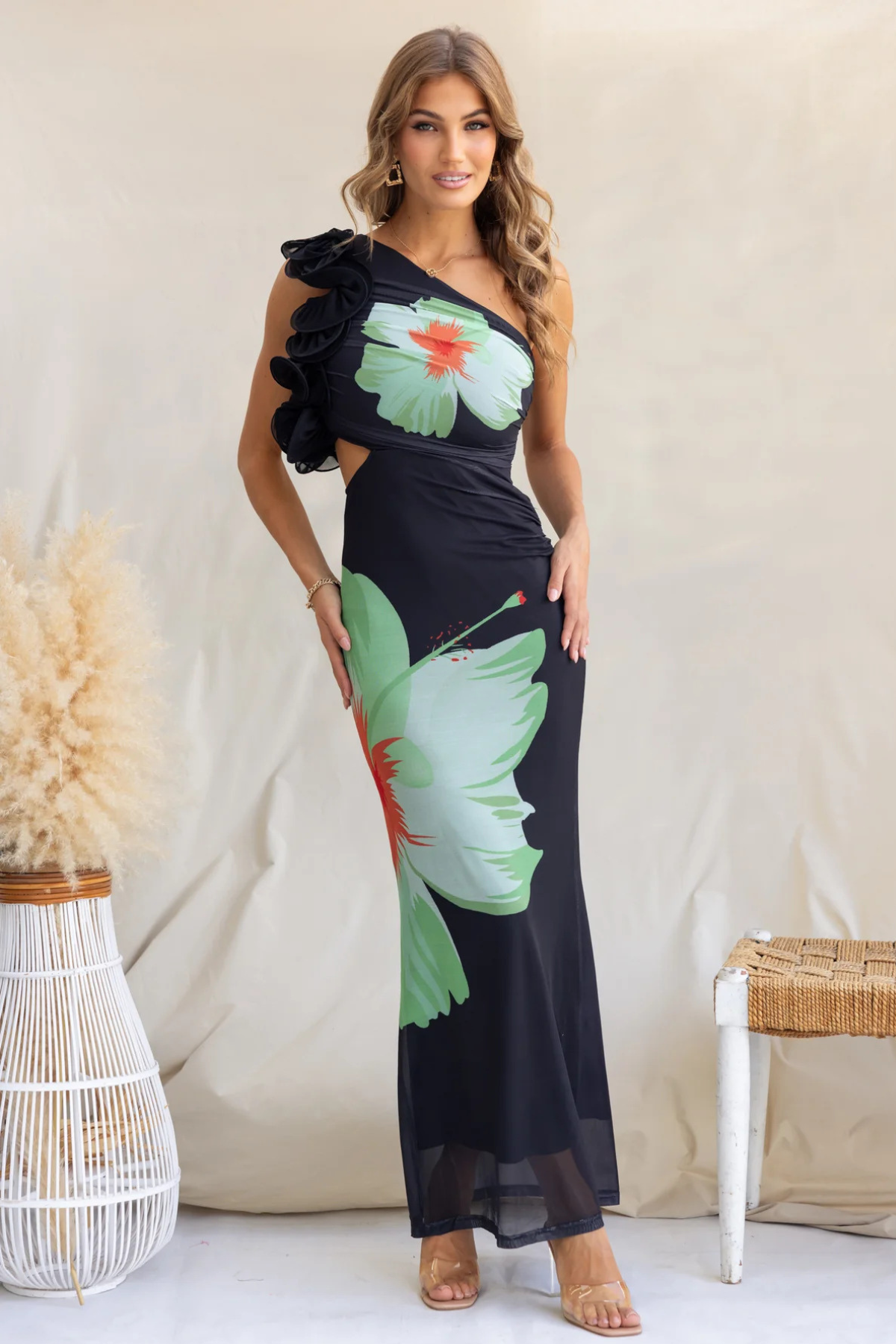 One-Shoulder Floral Lace Maxi Dress