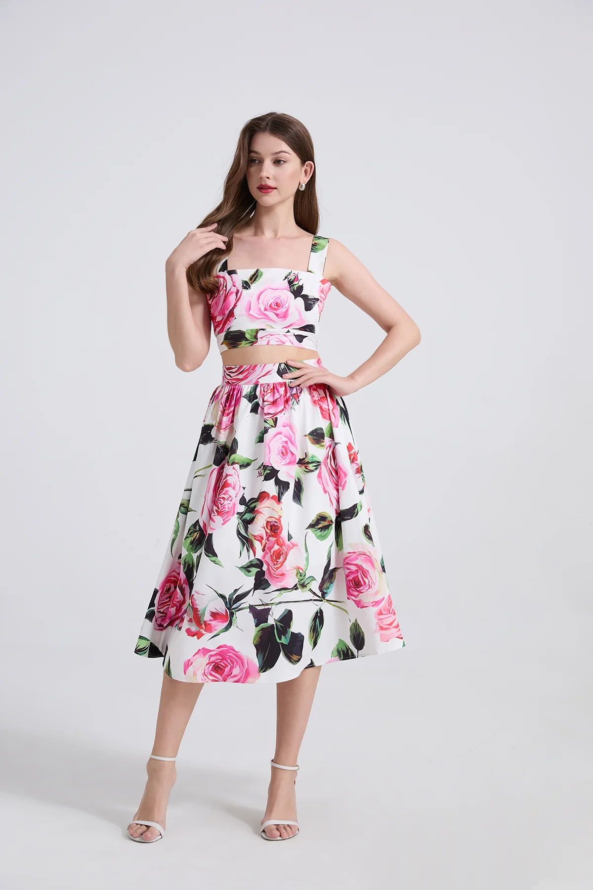 Floral Ruched Spaghetti Strap Crop Top & Midi Skirt Set