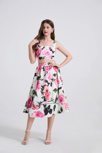 Floral Ruched Spaghetti Strap Crop Top & Midi Skirt Set