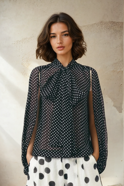 Polka Dot Tie-Neck Cape Blouse