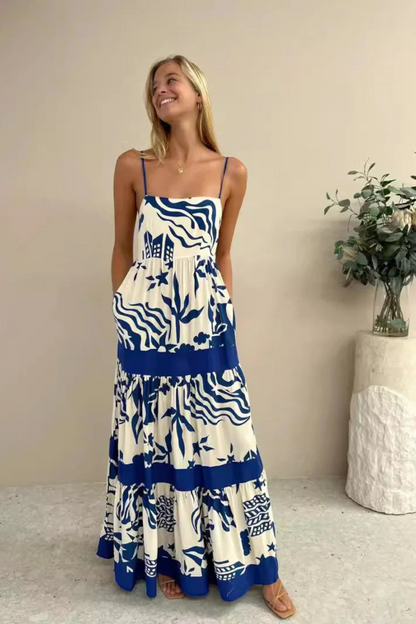 Printed Pocket Spaghetti Strap Maxi Dress