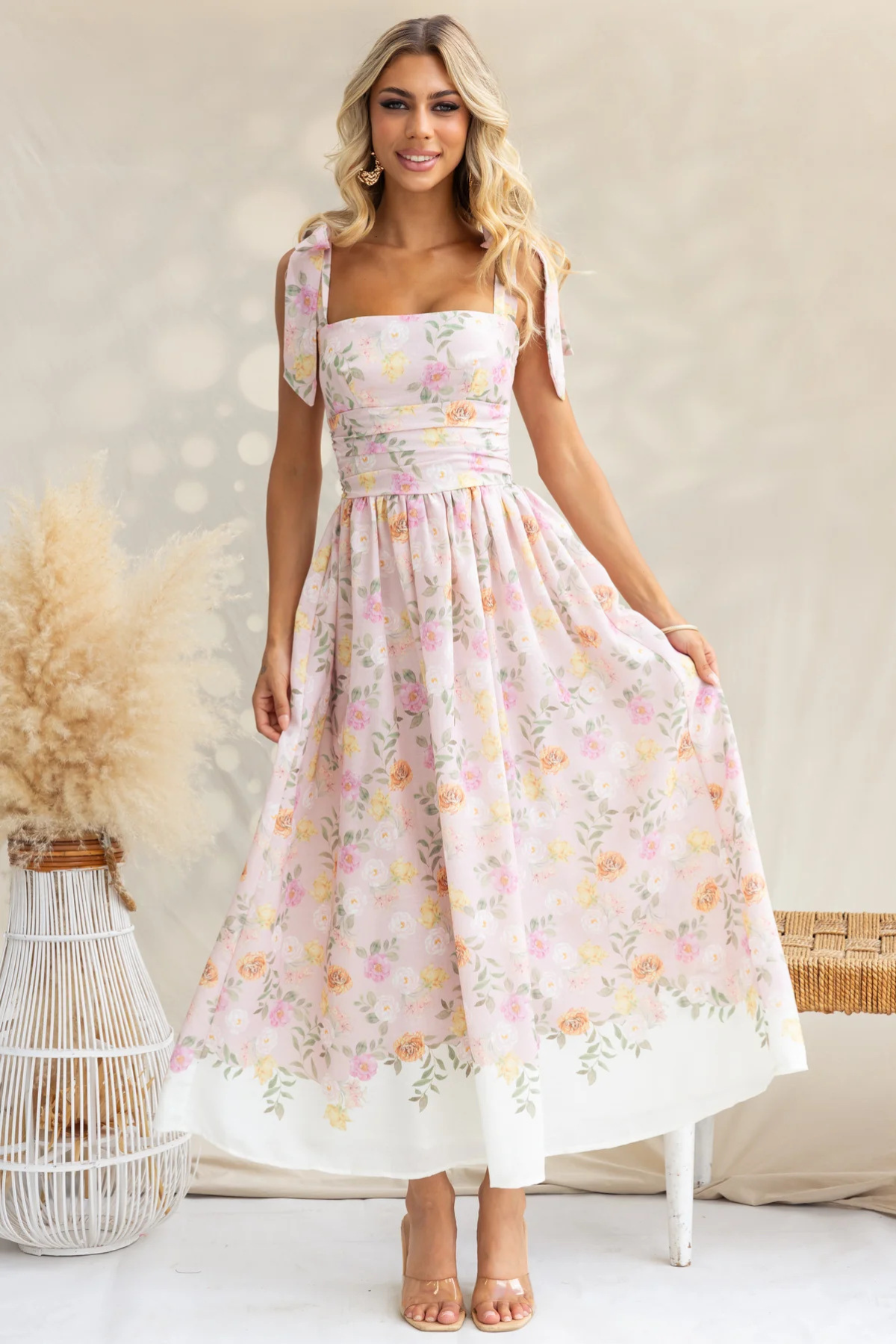 Floral Ruched Spaghetti Strap Maxi Dress