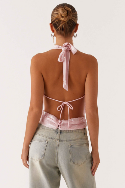 Sequin Tie Backless Cowl Neck Halter Tank