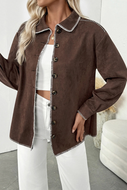 Brown Contrast Trim Suede Shacket