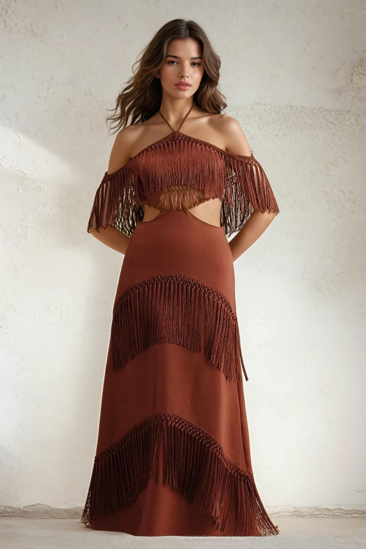 Halter Fringe Cutout Maxi Dress