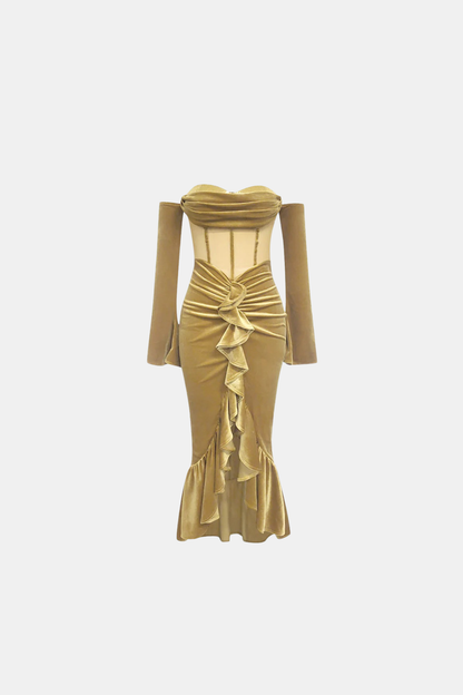 Velvet Off Shoulder Ruffled Dress